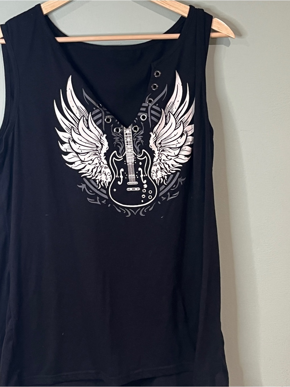 Black Sleeveless Graphic Tank Top with Winged Guitar